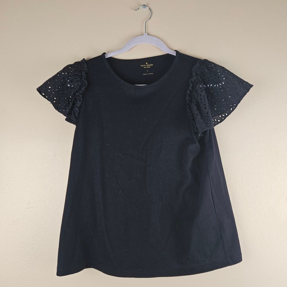 Kate Spade Black Eyelet Flutter Sleeve Tee Top Size Large